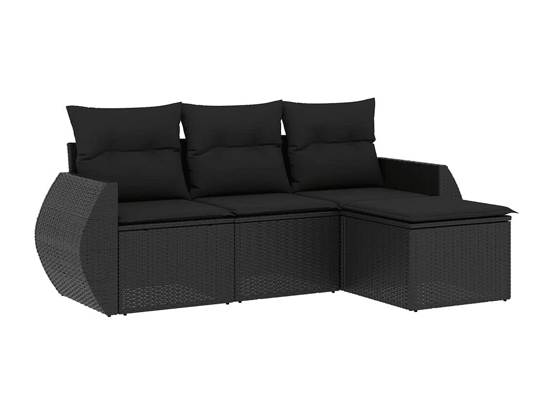 Salon de jardin 4 pcs avec coussins noir résine tressée