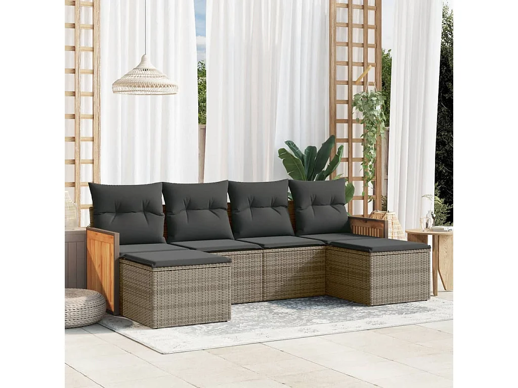 Salon de jardin 6 pcs avec coussins gris résine tressée