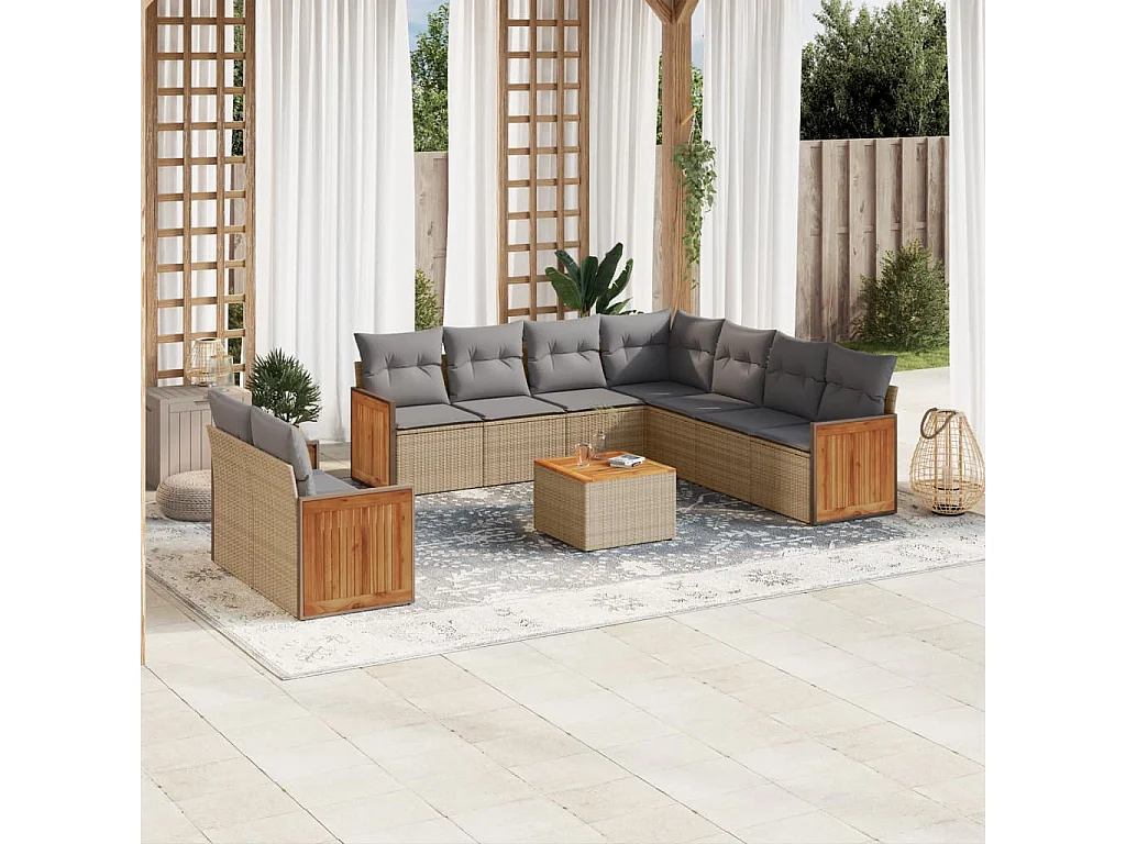 Salon de jardin avec coussins 10 pcs beige résine tressée