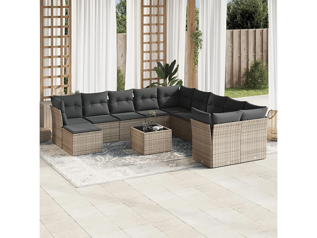 Salon de jardin avec coussins 12 pcs gris résine tressée