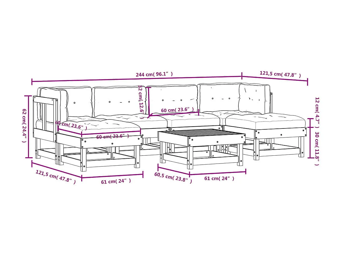Salon de jardin 7 pcs avec coussins blanc bois massif