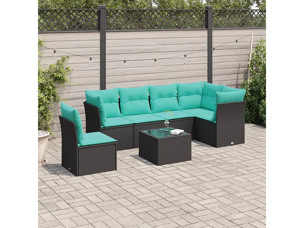 Salon de jardin 7 pcs avec coussins noir résine tressée