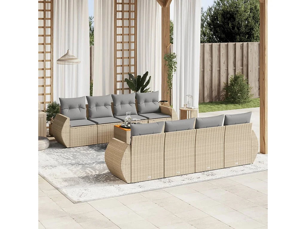 Salon de jardin avec coussins 9 pcs beige résine tressée