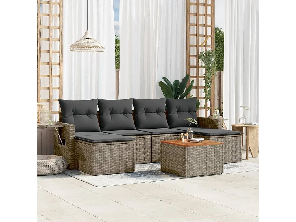Salon de jardin avec coussins 7 pcs gris résine tressée