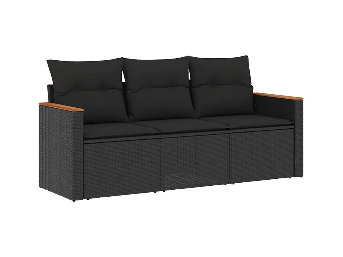 Salon de jardin 3 pcs avec coussins noir résine tressée