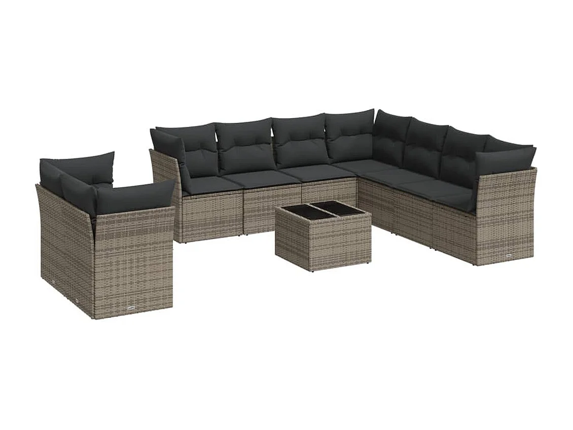 Salon de jardin avec coussins 10 pcs gris résine tressée