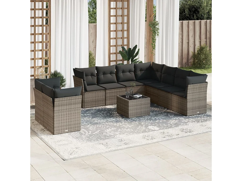 Salon de jardin avec coussins 10 pcs gris résine tressée