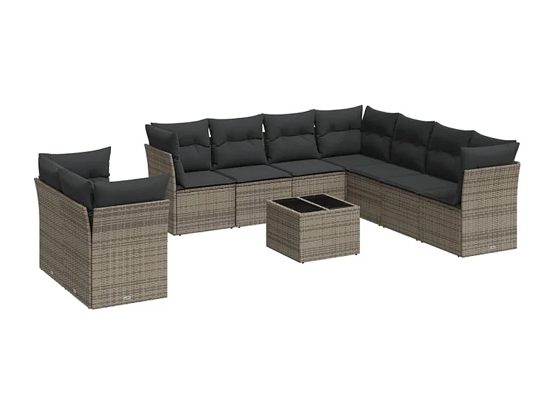 Salon de jardin avec coussins 10 pcs gris résine tressée