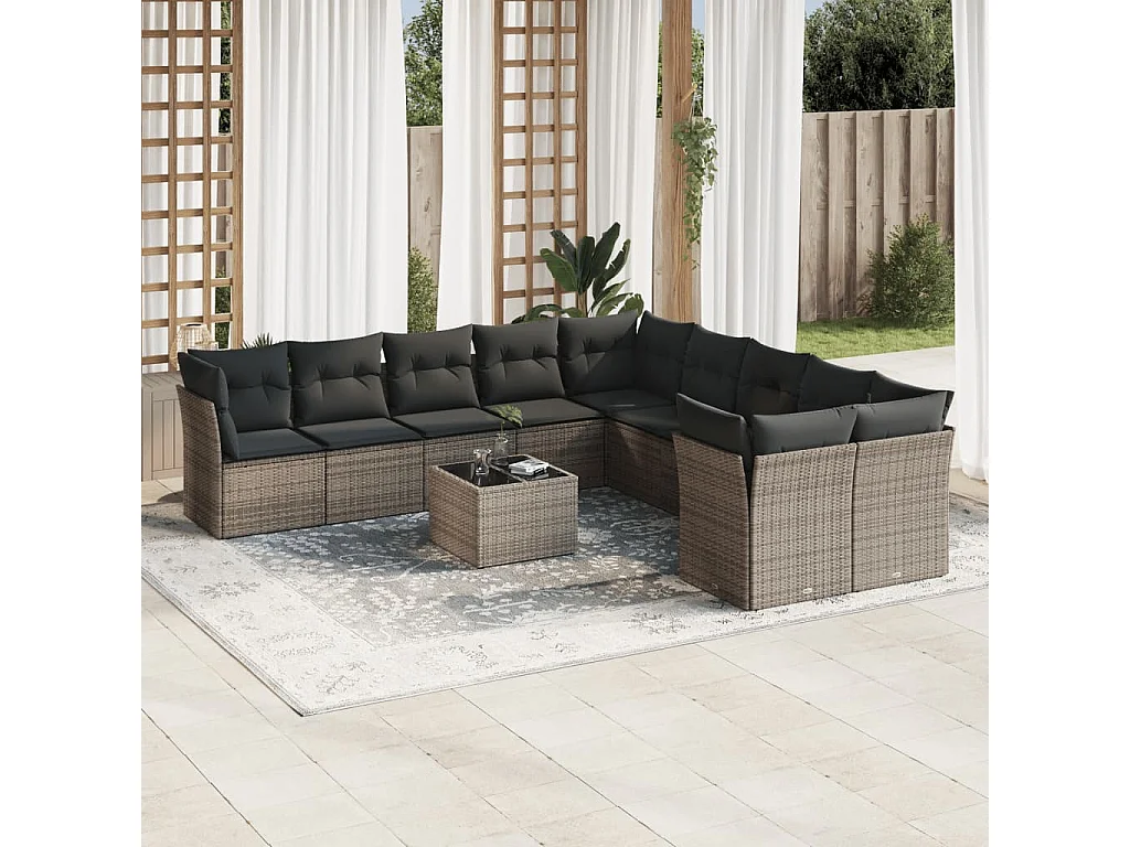 Salon de jardin 11 pcs avec coussins gris résine tressée