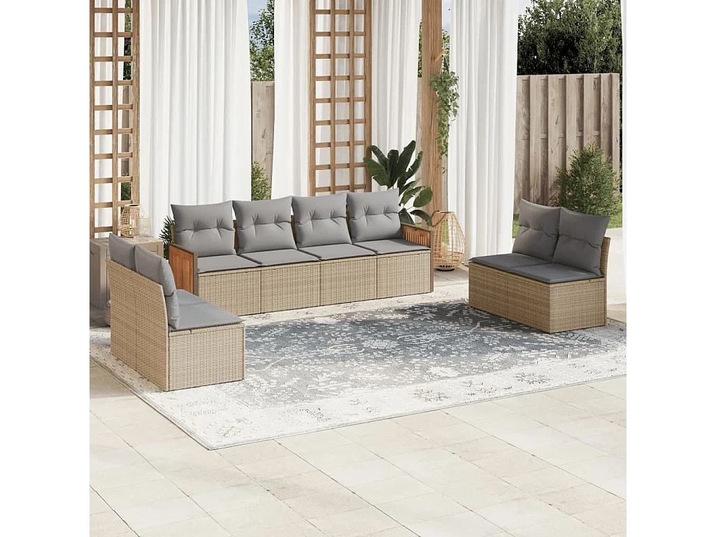 Salon de jardin avec coussins 8 pcs beige résine tressée