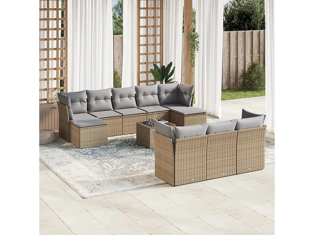 Salon de jardin avec coussins 10 pcs beige résine tressée