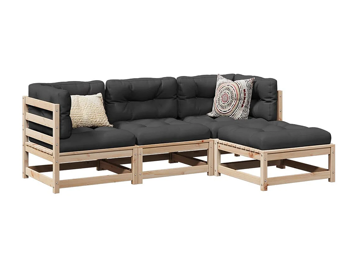 Salon de jardin 4 pcs avec coussins bois de pin massif