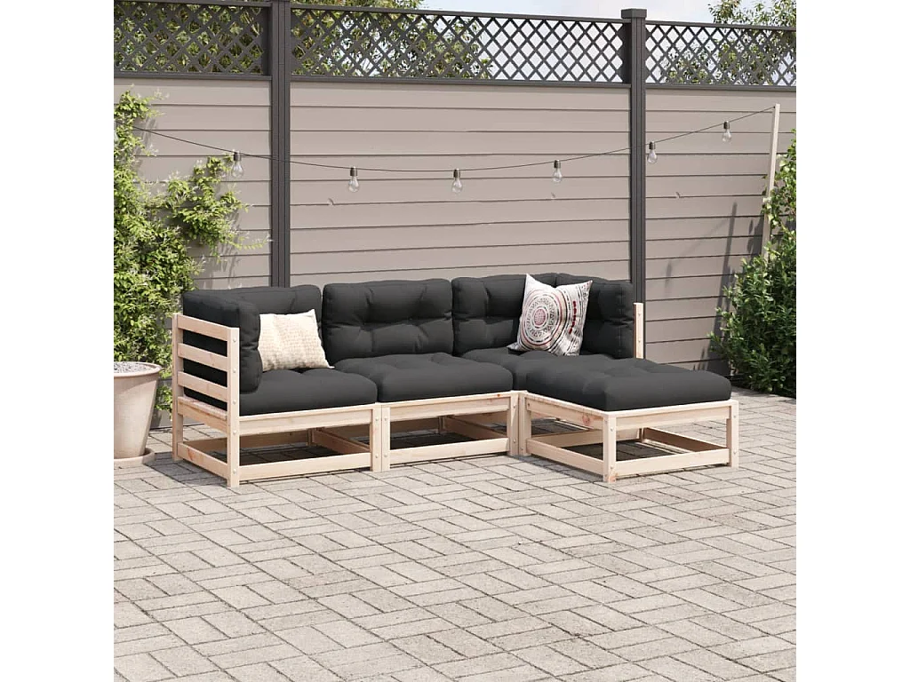 Salon de jardin 4 pcs avec coussins bois de pin massif