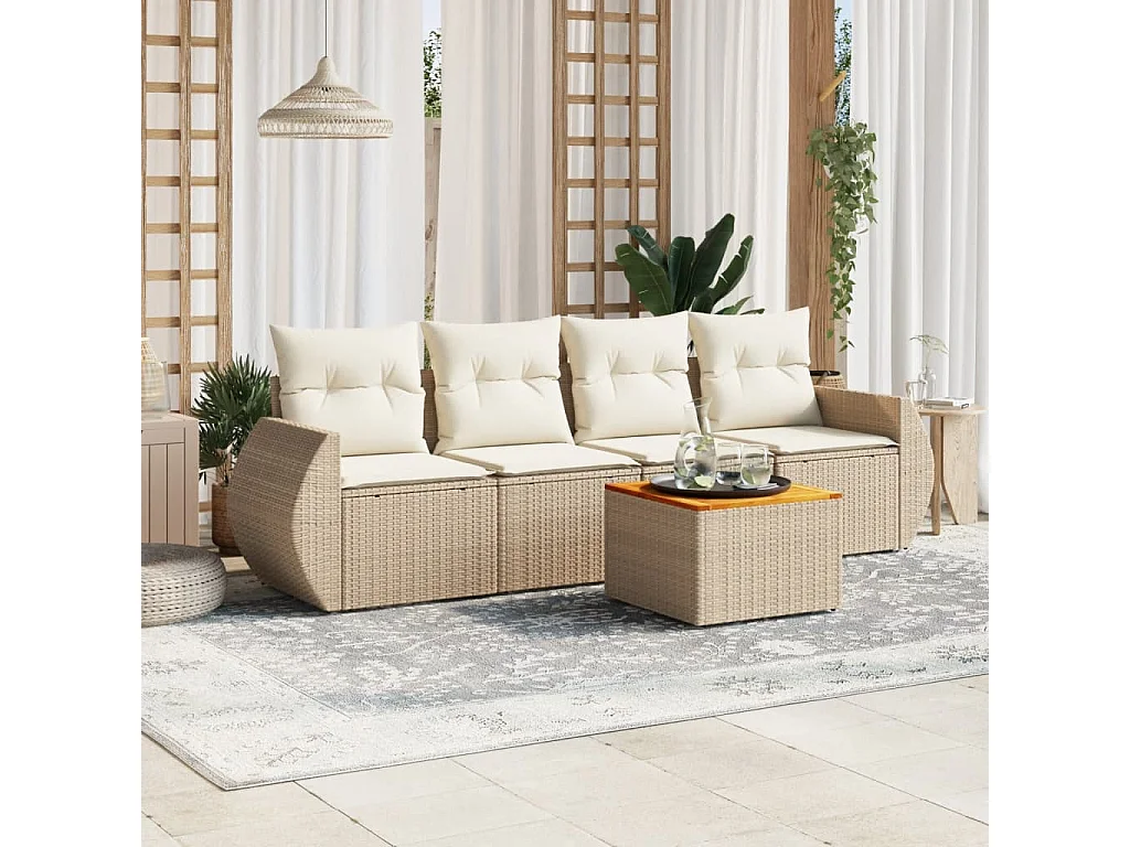 Salon de jardin avec coussins 5 pcs beige résine tressée