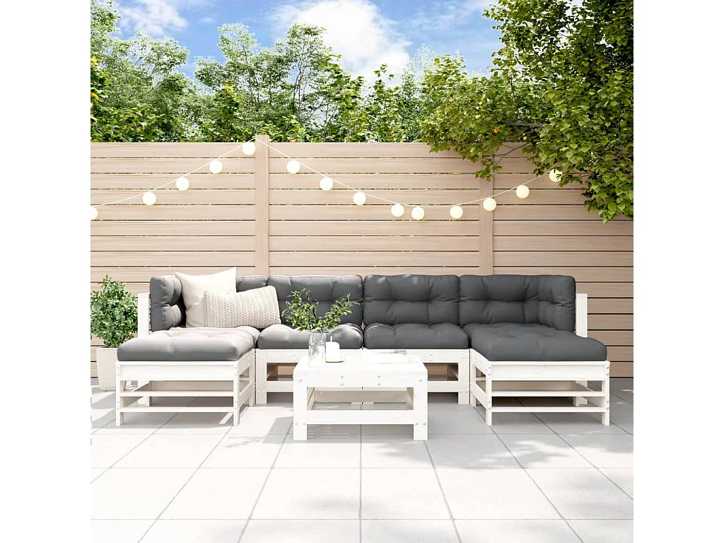 Salon de jardin 7 pcs avec coussins blanc bois massif