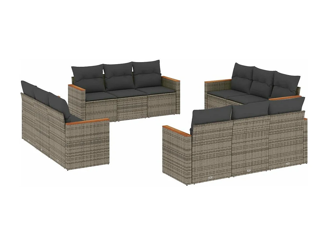 Salon de jardin avec coussins 12 pcs gris résine tressée