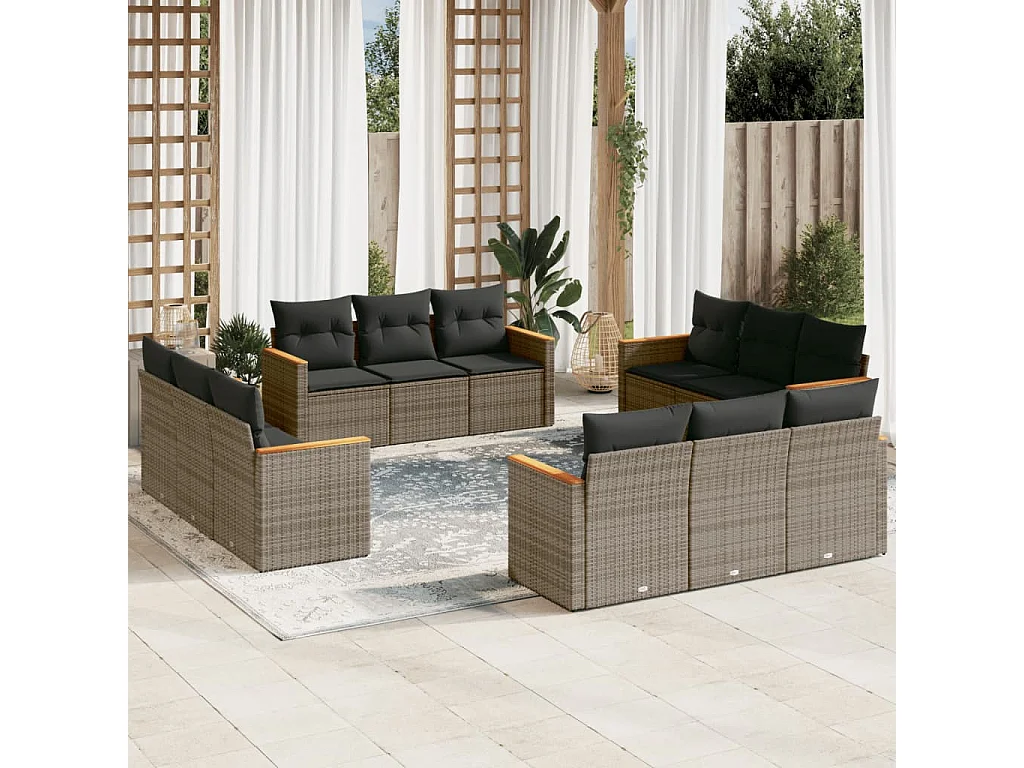 Salon de jardin avec coussins 12 pcs gris résine tressée