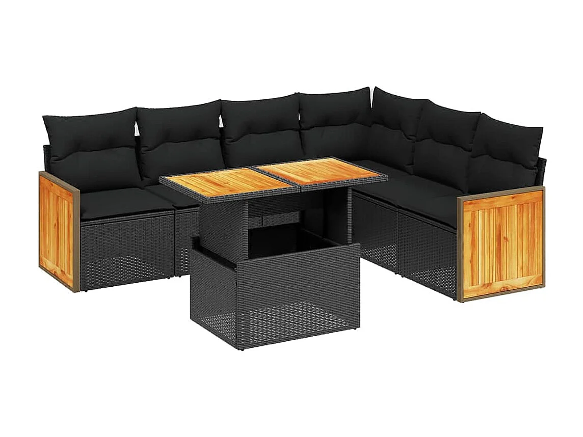Salon de jardin 7 pcs avec coussins noir résine tressée