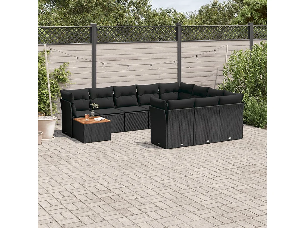 Salon de jardin 11 pcs avec coussins noir résine tressée