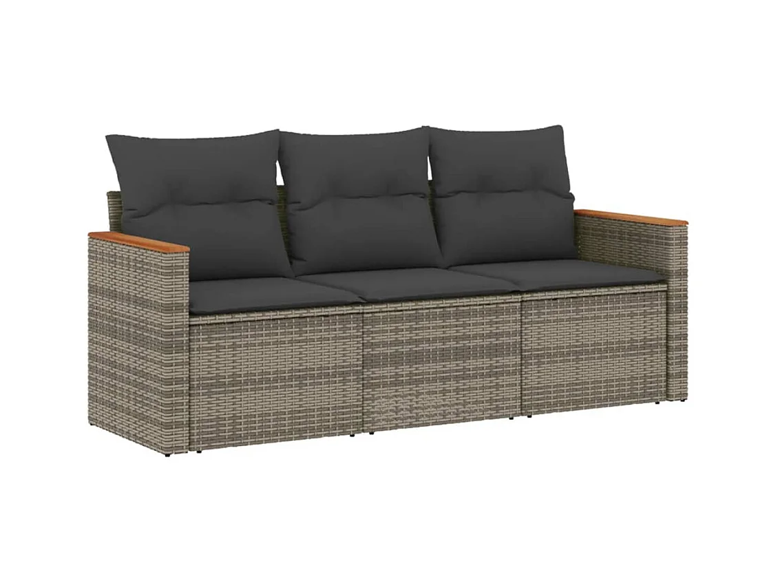 Salon de jardin avec coussins 3 pcs gris résine tressée