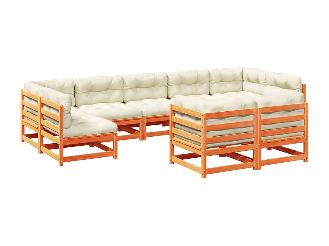 Salon de jardin 9 pcs avec coussins marron cire bois pin massif