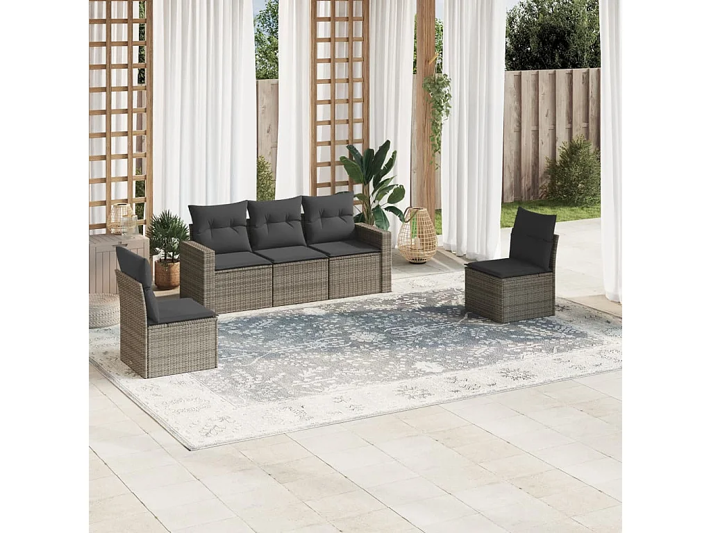 Salon de jardin 5 pcs avec coussins gris résine tressée