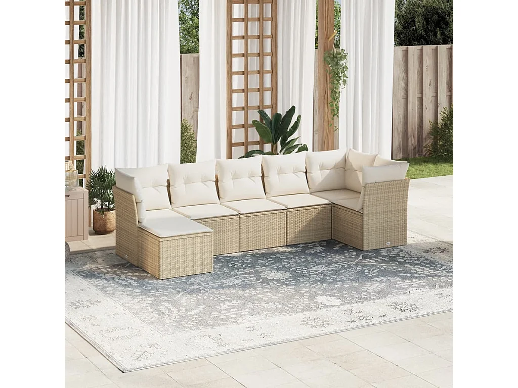Salon de jardin avec coussins 7 pcs beige résine tressée