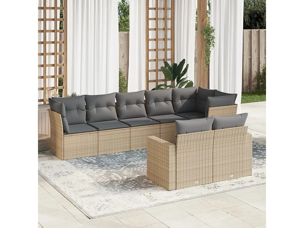 Salon de jardin avec coussins 8 pcs beige résine tressée