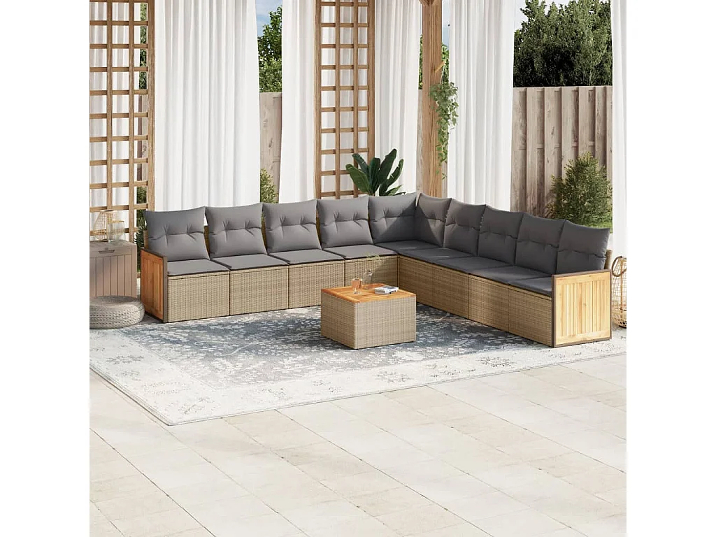 Salon de jardin avec coussins 10 pcs beige résine tressée