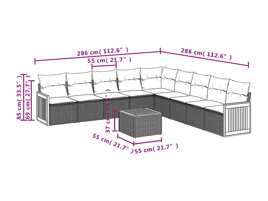 Salon de jardin avec coussins 10 pcs beige résine tressée