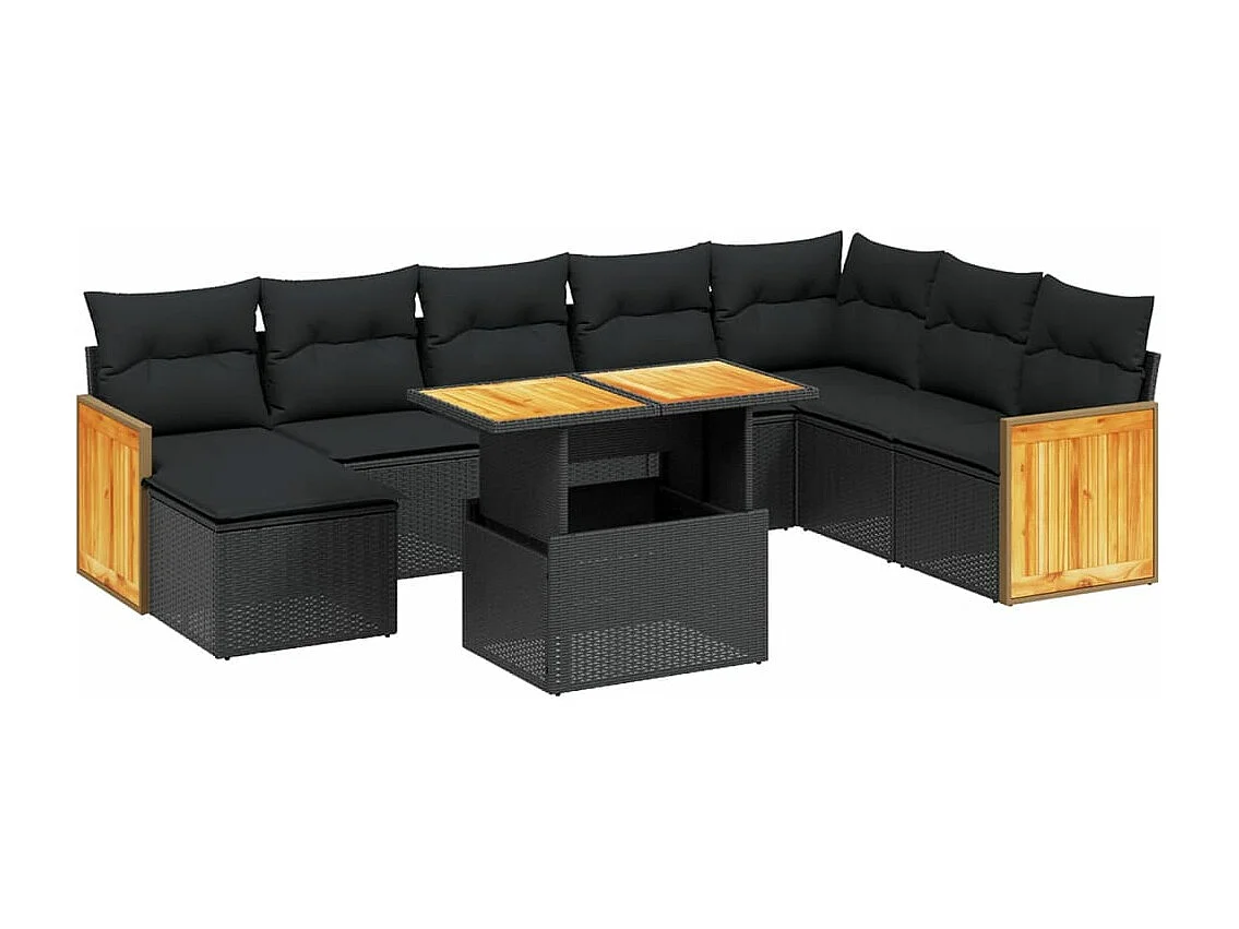 Salon de jardin 9 pcs avec coussins noir résine tressée