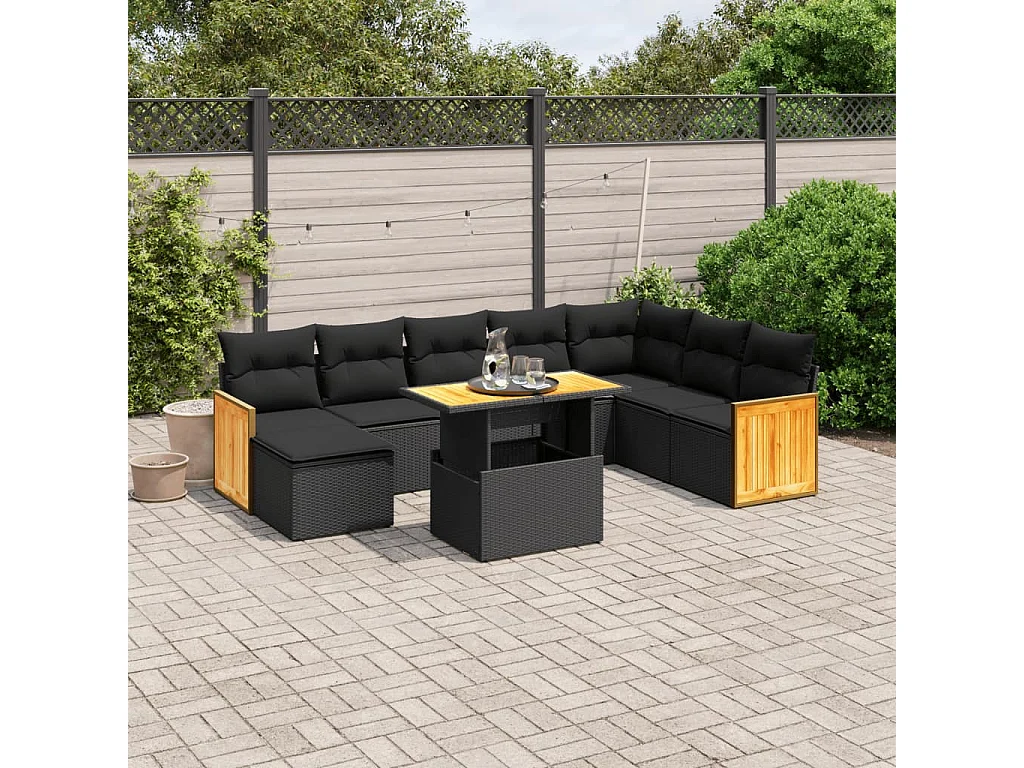 Salon de jardin 9 pcs avec coussins noir résine tressée