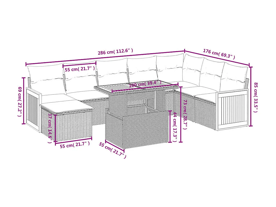 Salon de jardin 9 pcs avec coussins noir résine tressée