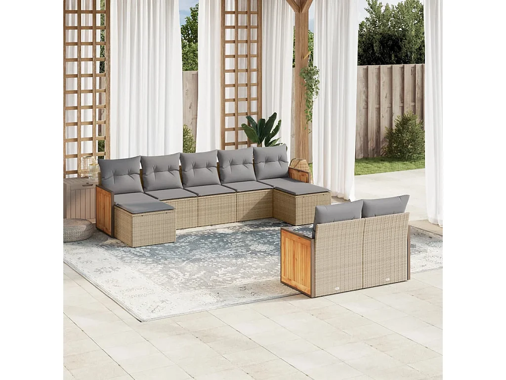 Salon de jardin avec coussins 9 pcs beige résine tressée
