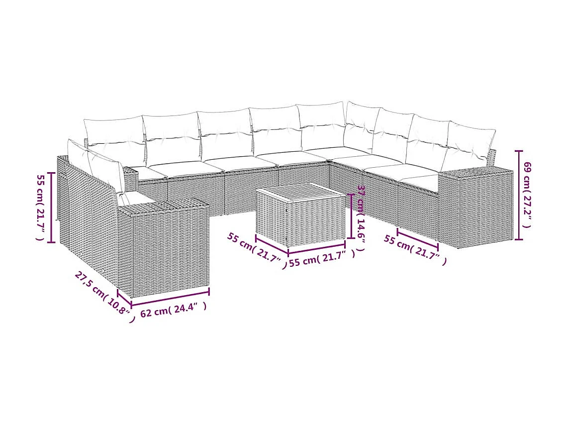 Salon de jardin 11 pcs avec coussins beige résine tressée