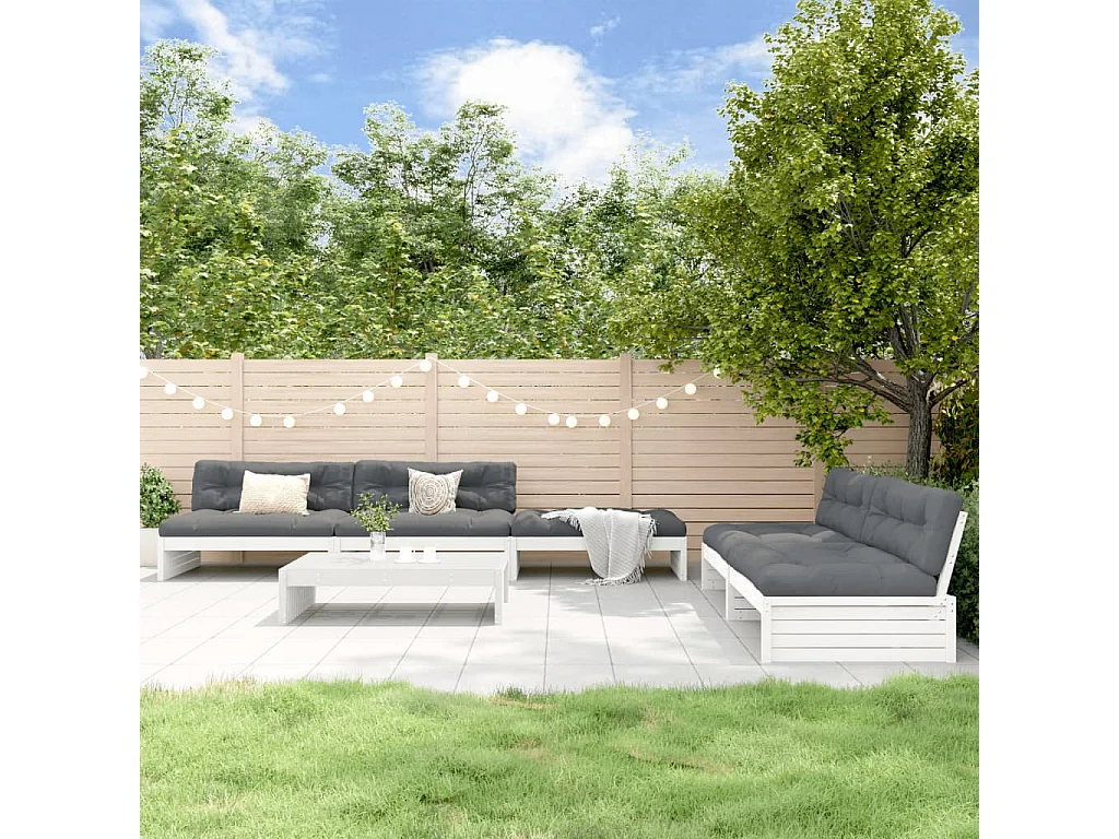Salon de jardin 6 pcs avec coussins blanc bois massif