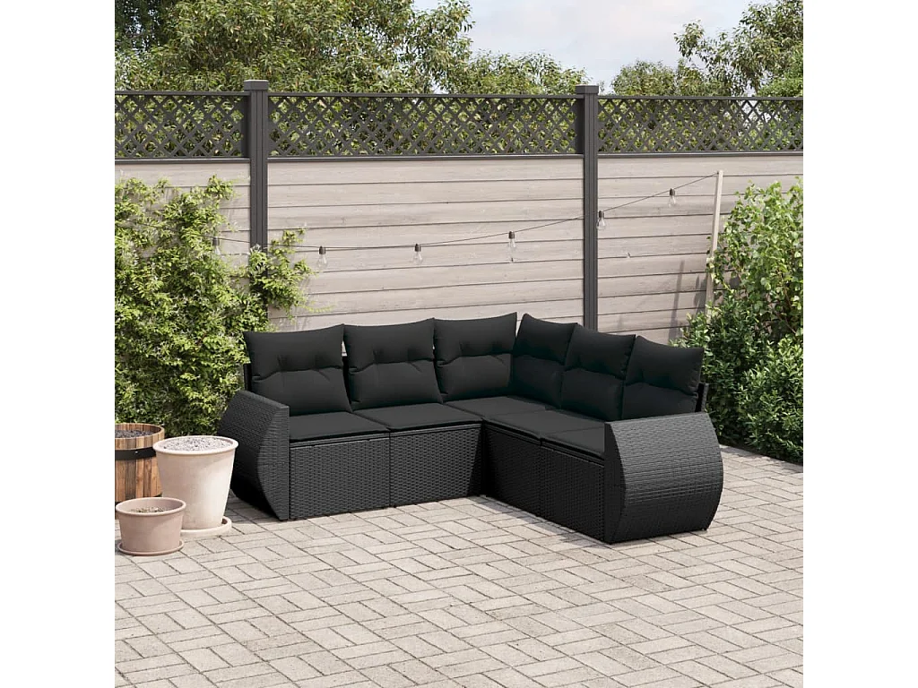 Salon de jardin 5 pcs avec coussins noir résine tressée