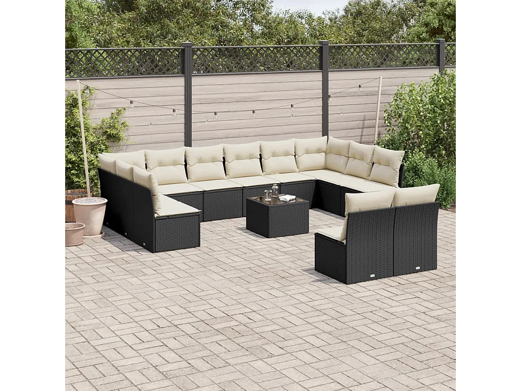 Salon de jardin avec coussins 13 pcs noir résine tressée