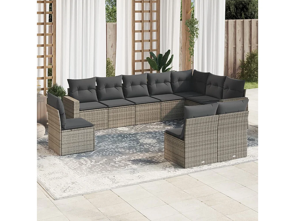 Salon de jardin avec coussins 10 pcs gris résine tressée