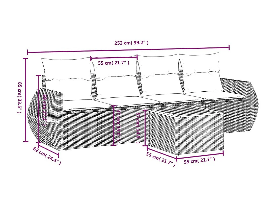 Salon de jardin 5 pcs avec coussins noir résine tressée