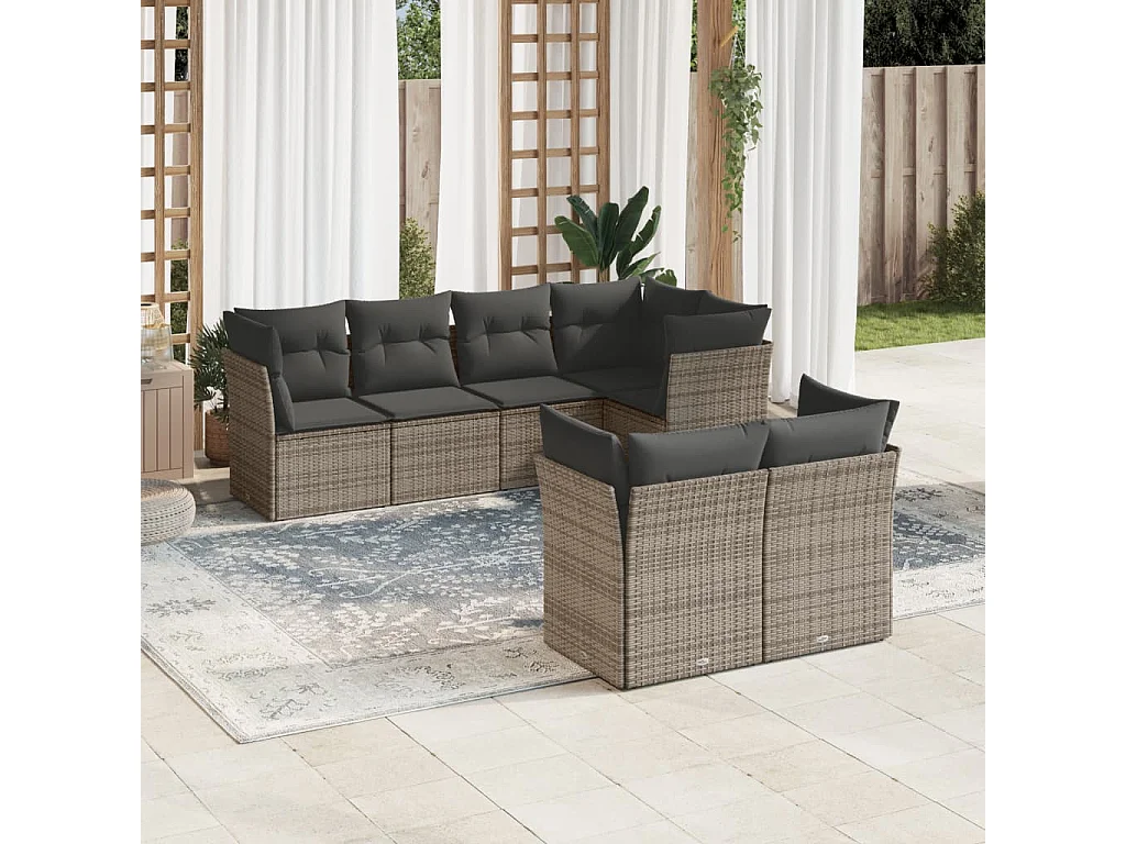 Salon de jardin avec coussins 7 pcs gris résine tressée