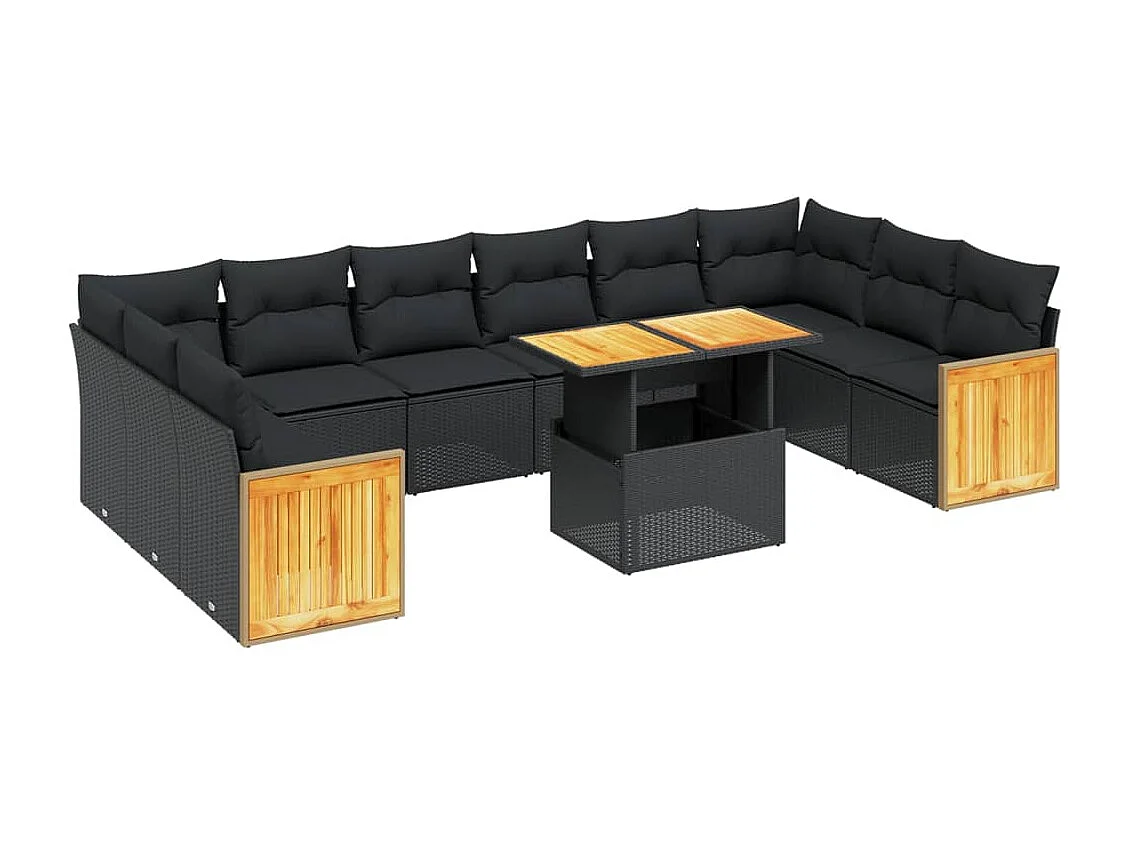 Salon de jardin 11 pcs avec coussins noir résine tressée