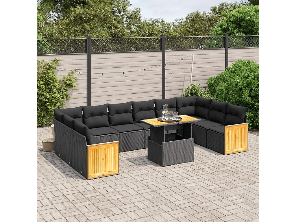 Salon de jardin 11 pcs avec coussins noir résine tressée