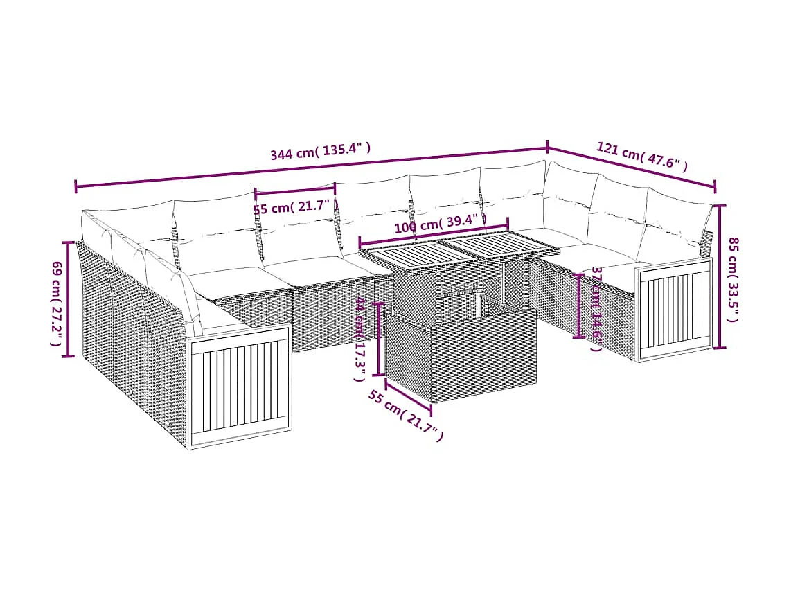 Salon de jardin 11 pcs avec coussins noir résine tressée
