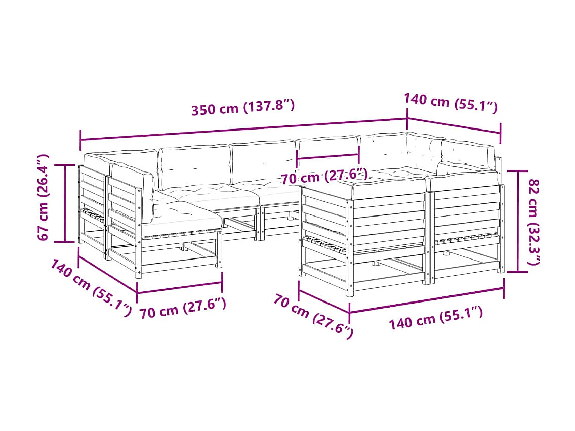 Salon de jardin 9 pcs avec coussins bois de pin imprégné