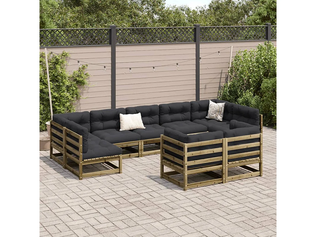 Salon de jardin 9 pcs avec coussins bois de pin imprégné