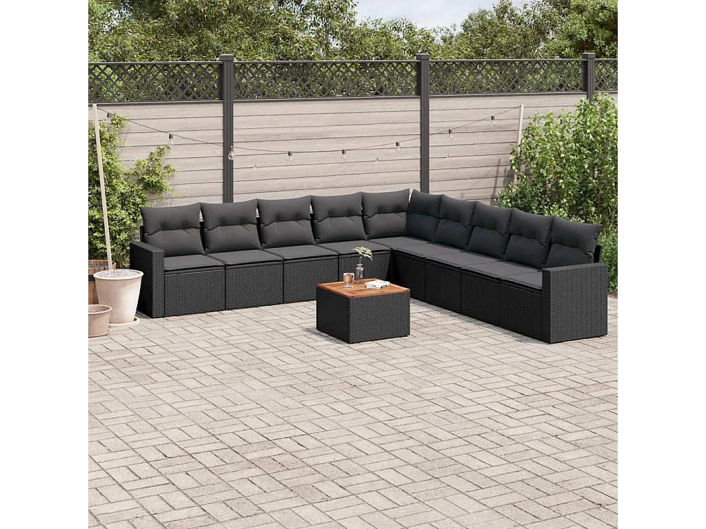 Salon de jardin 10 pcs avec coussins noir résine tressée