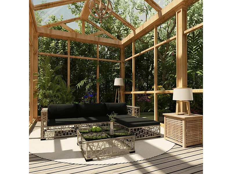 Salon de jardin 5 pcs avec coussins Résine tressée Gris