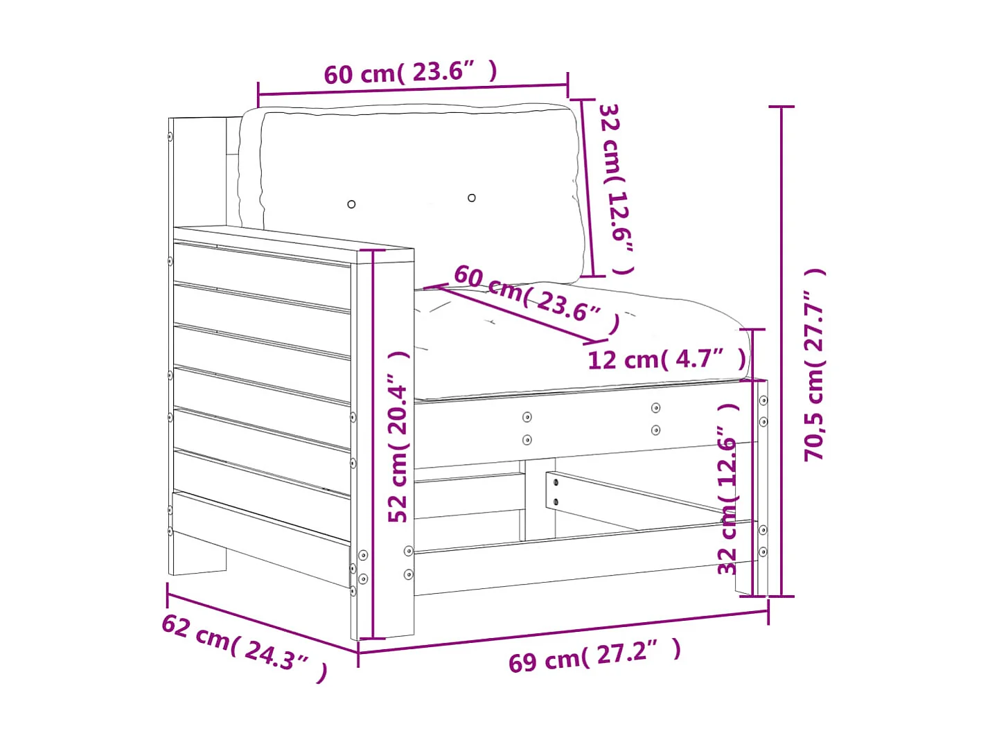 Canapé de jardin accoudoir avec coussin bois massif de pin