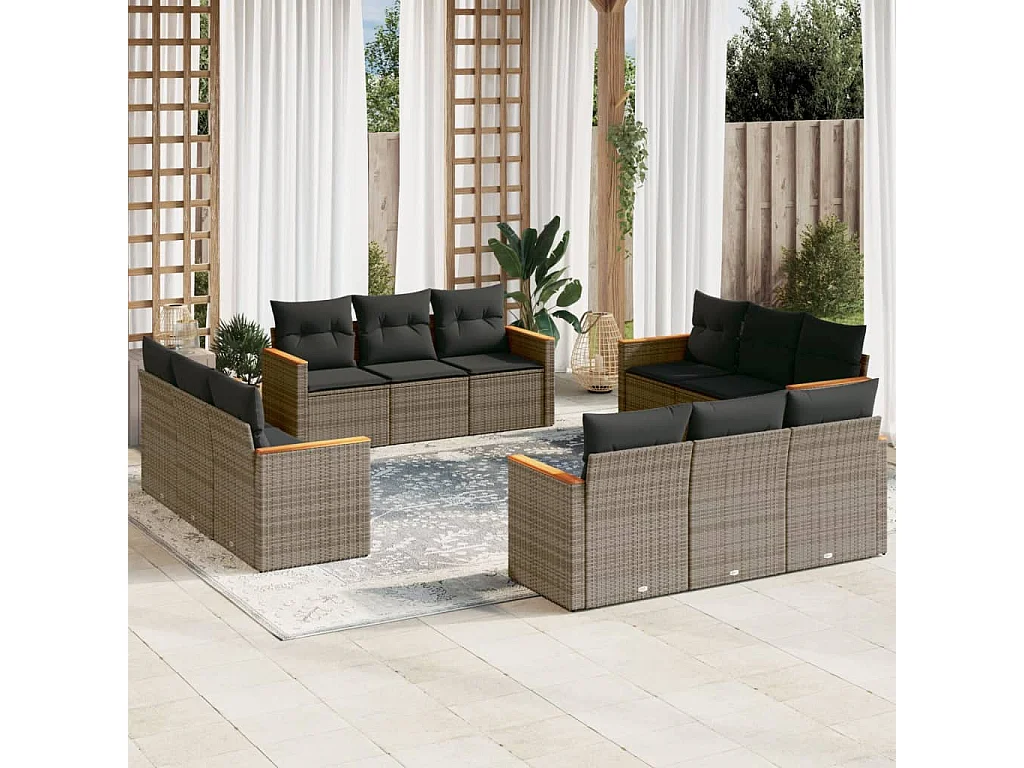 Salon de jardin avec coussins 12 pcs gris résine tressée